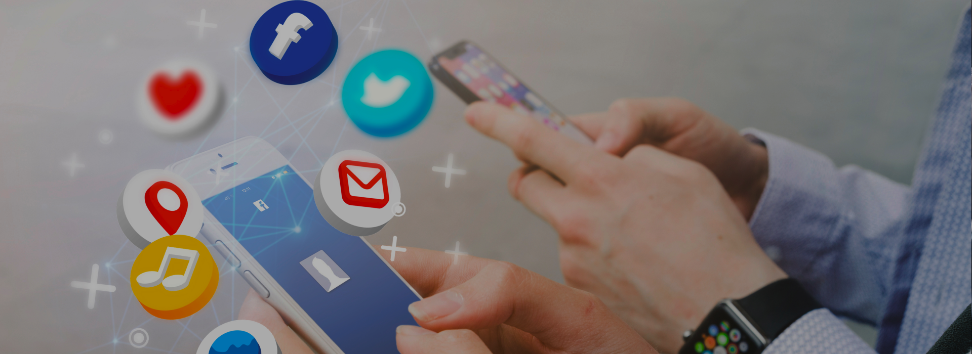 Hand using smartphone showcasing digital marketing, SEO, social media, and offshore marketing solutions USA