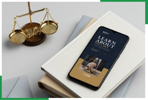 Phone with marketing app and justice scale representing offshore digital marketing and sales campaigns USA