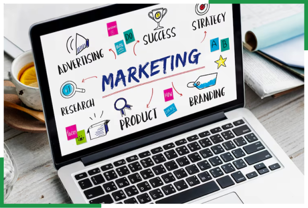 Laptop screen displaying marketing strategy keywords representing offshore SEM and PPC advertising services USA