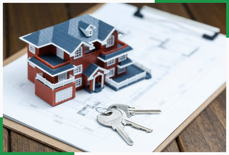 Miniature house and keys on blueprint representing real estate lead generation and offshore solutions USA