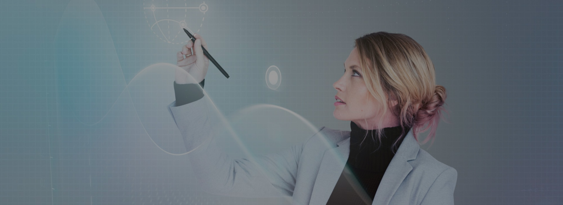 Businesswoman using virtual interface to design offshore customer engagement and IT solutions USA